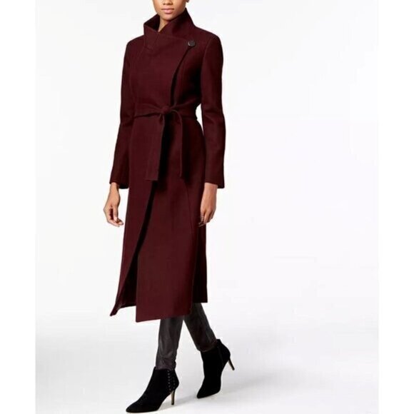 Kenneth Cole Wool Trench Coat Burgundy Asymmetrical Close Tie Waist Long Maxi 8 - Picture 1 of 10